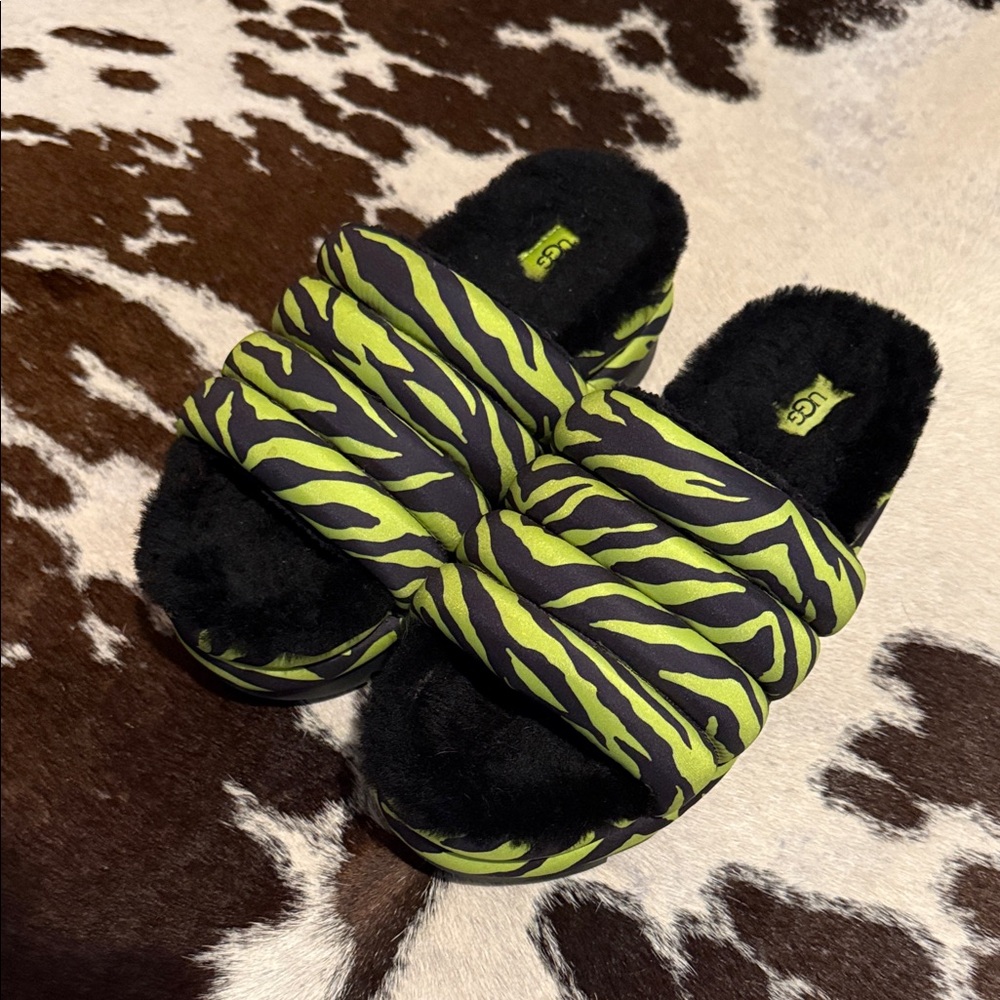 UGG Black and Green Animal Print Slides